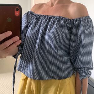 ZARA Basic blue white plaid off-the-shoulder blouse Size S